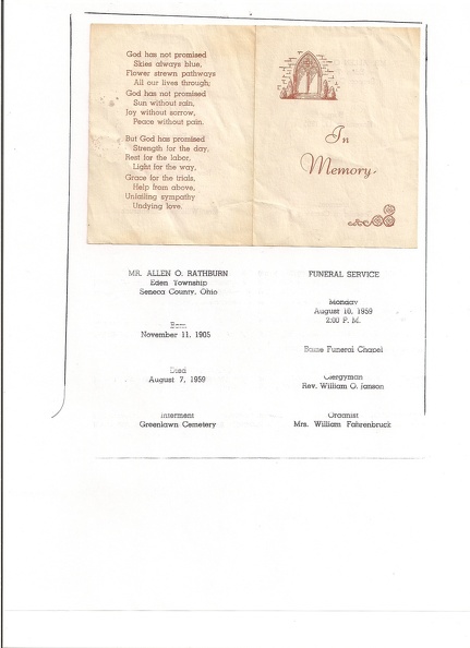 Allen O Rathburn Funeral Prayer Card